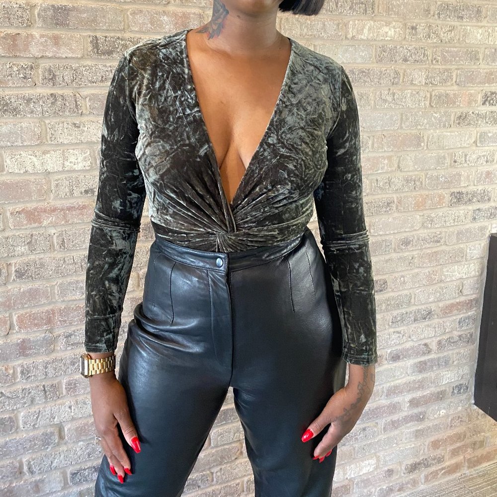 Velvet Like Deep V Neck Bodysuit